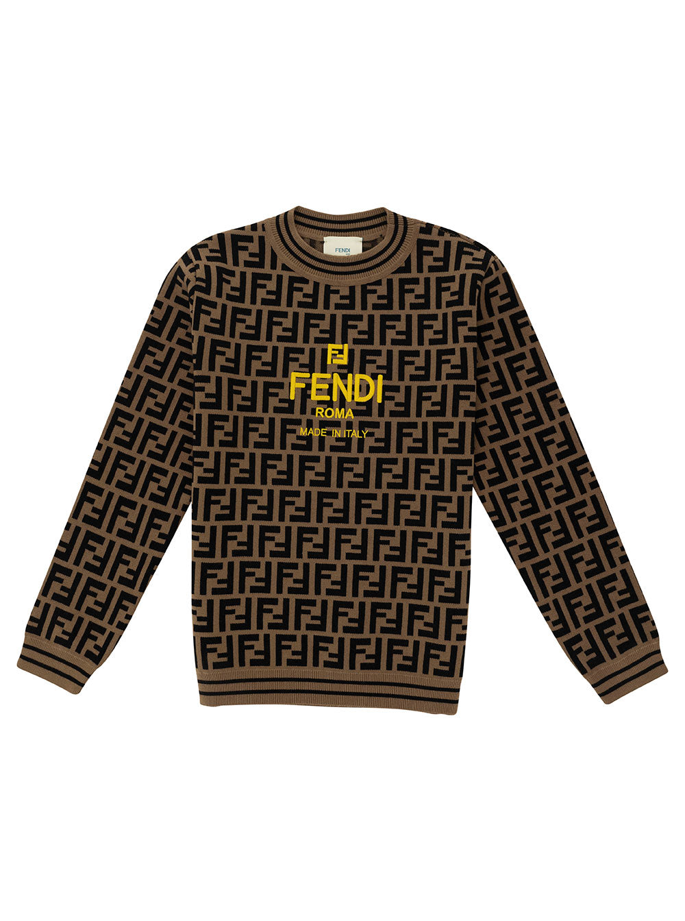 Beige and Tobacco Sweater with FF Motif Logo Detail in Viscose Blend Boy Brown Polyester Jersey