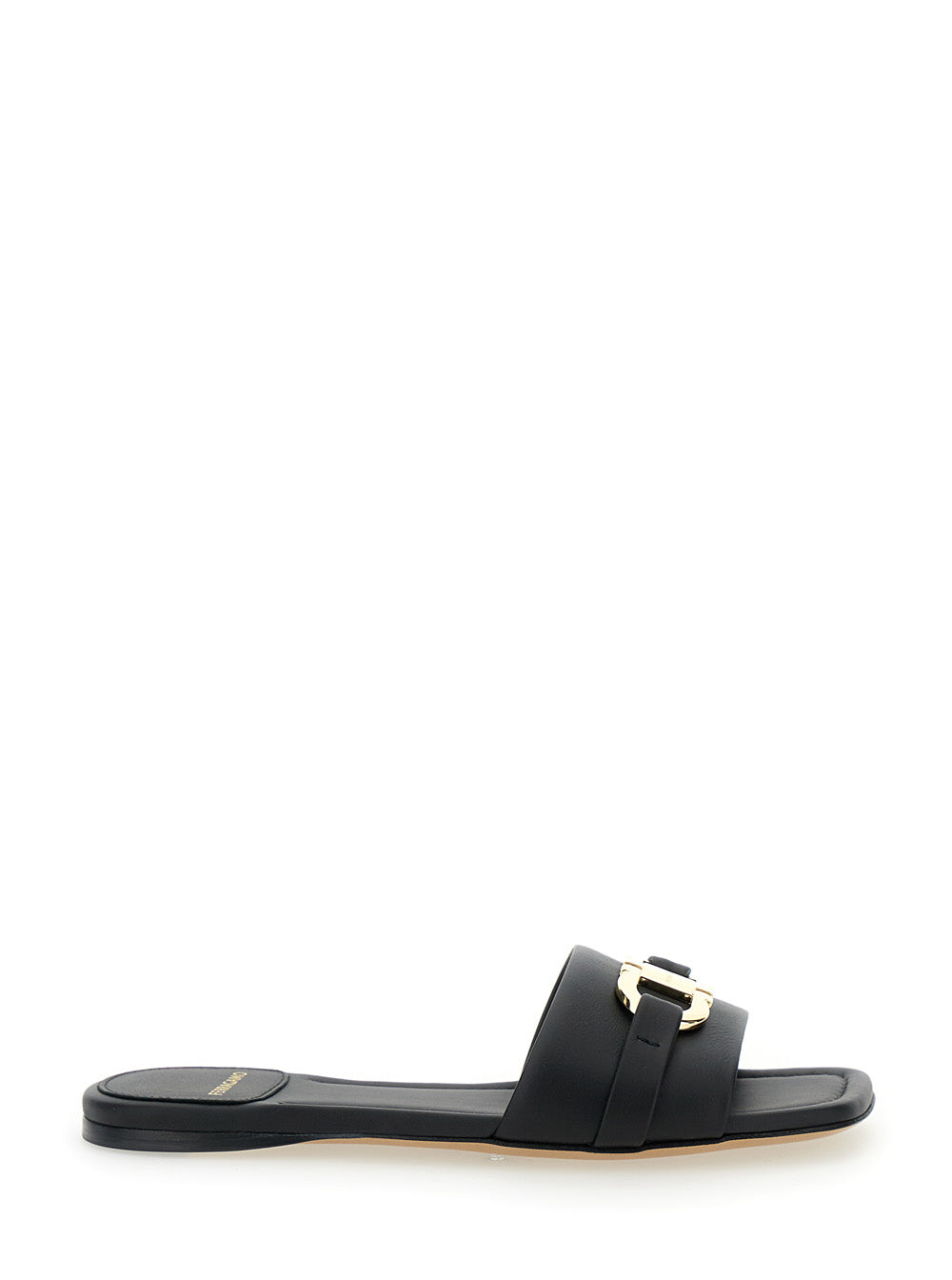 Leah Black Sandals With Gancini Plate On Front Leather Woman Calf Flat Shoes
