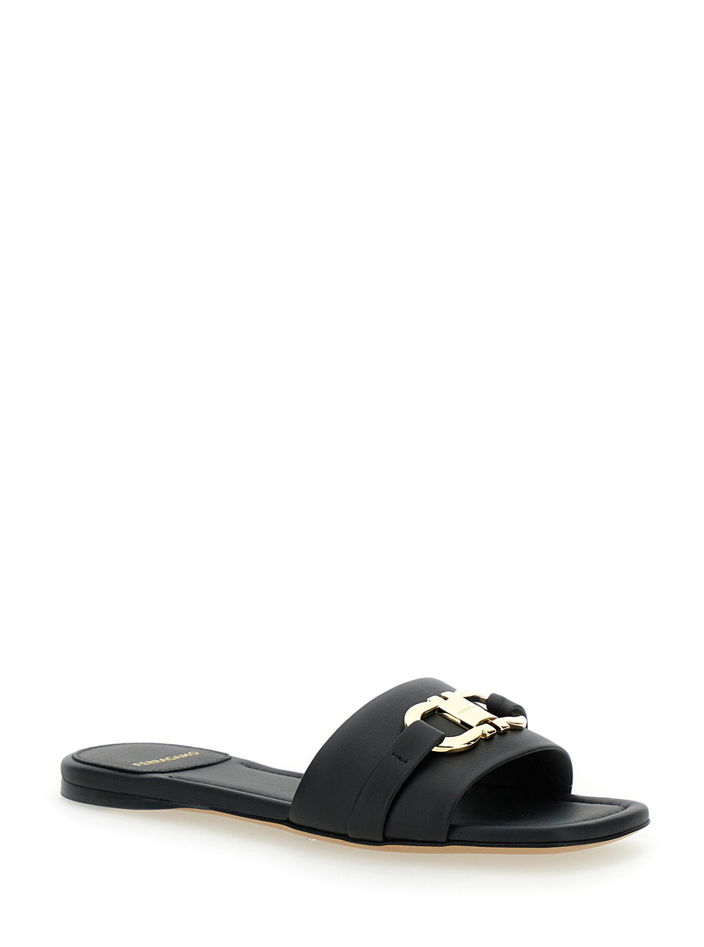 Leah Black Sandals With Gancini Plate On Front Leather Woman Calf Flat Shoes