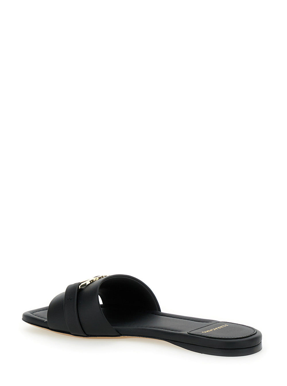 Leah Black Sandals With Gancini Plate On Front Leather Woman Calf Flat Shoes