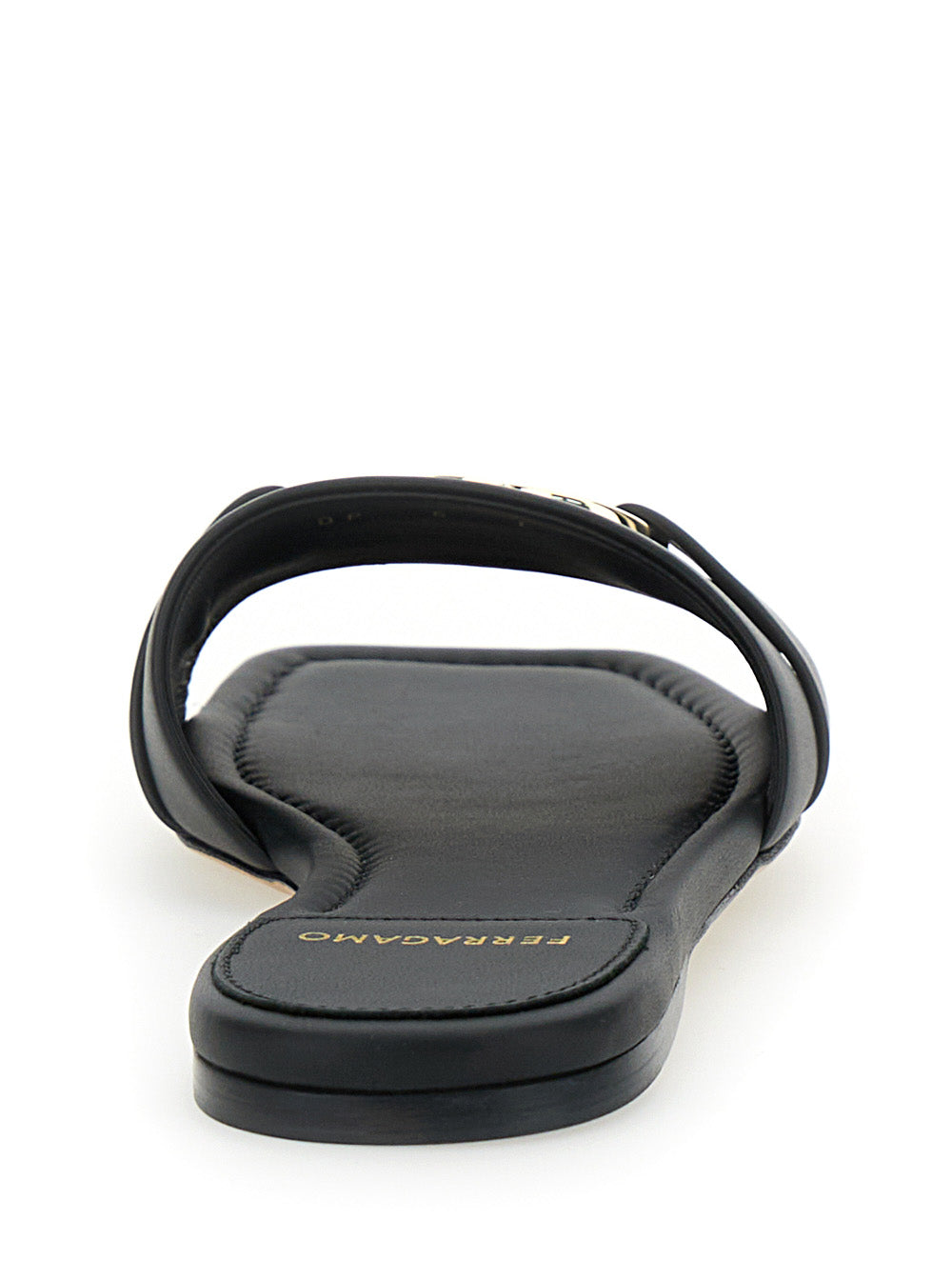 Leah Black Sandals With Gancini Plate On Front Leather Woman Calf Flat Shoes