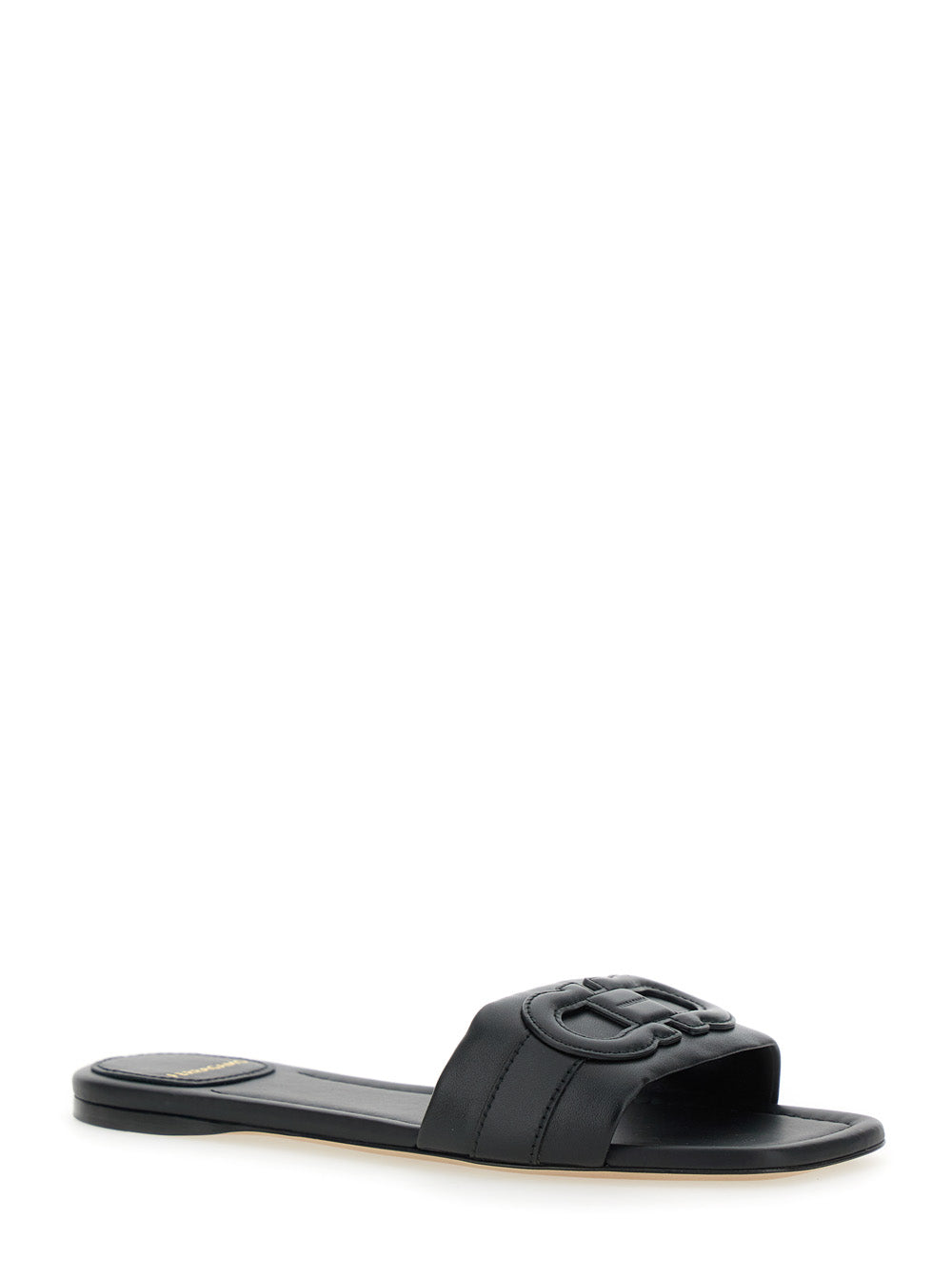 Liss Black Sandals With Embossed Logo On The Band And Square Toe Leather Woman Lamb Calf Flat Shoes