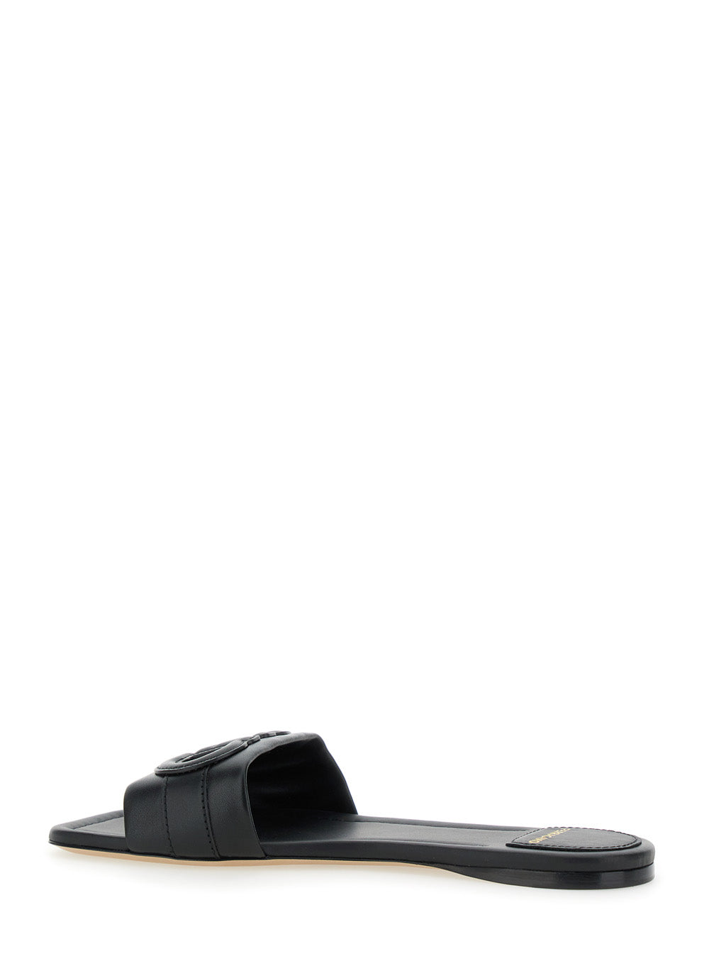 Liss Black Sandals With Embossed Logo On The Band And Square Toe Leather Woman Lamb Calf Flat Shoes