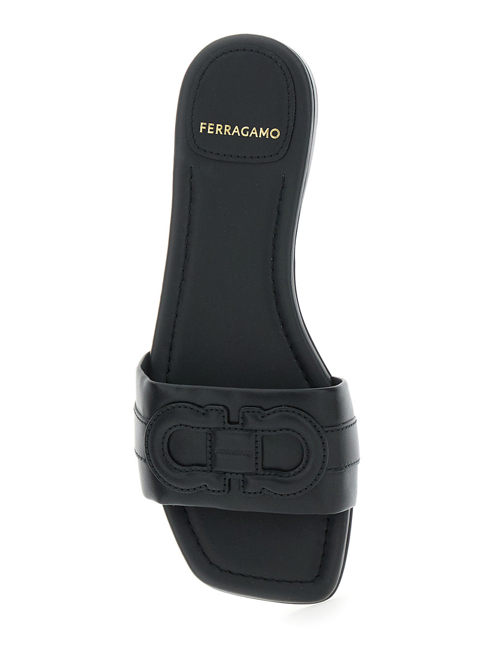Liss Black Sandals With Embossed Logo On The Band And Square Toe Leather Woman Lamb Calf Flat Shoes