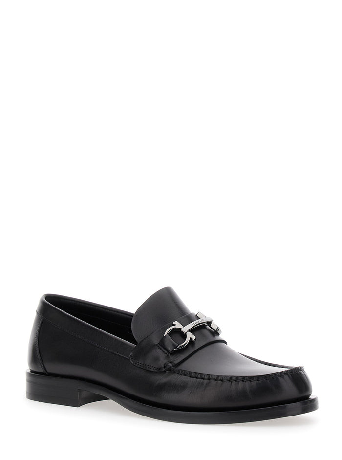 Black Loafers With Gancini On The Front Leather Man Calf