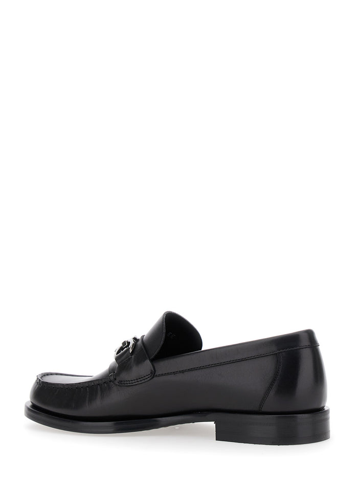 Black Loafers With Gancini On The Front Leather Man Calf
