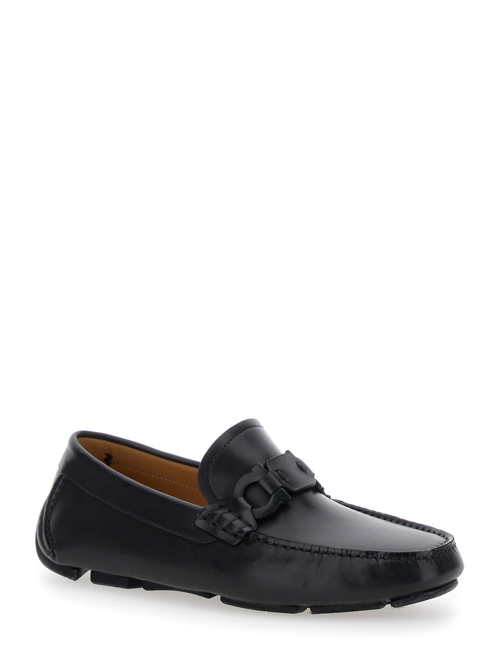 Black Loafers with Ganicini Plaque on the Front in Leather Man Calf