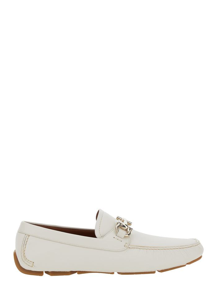 Parigi White Loafers With Gancini Plaque On The Front Soft Leather Man Calf