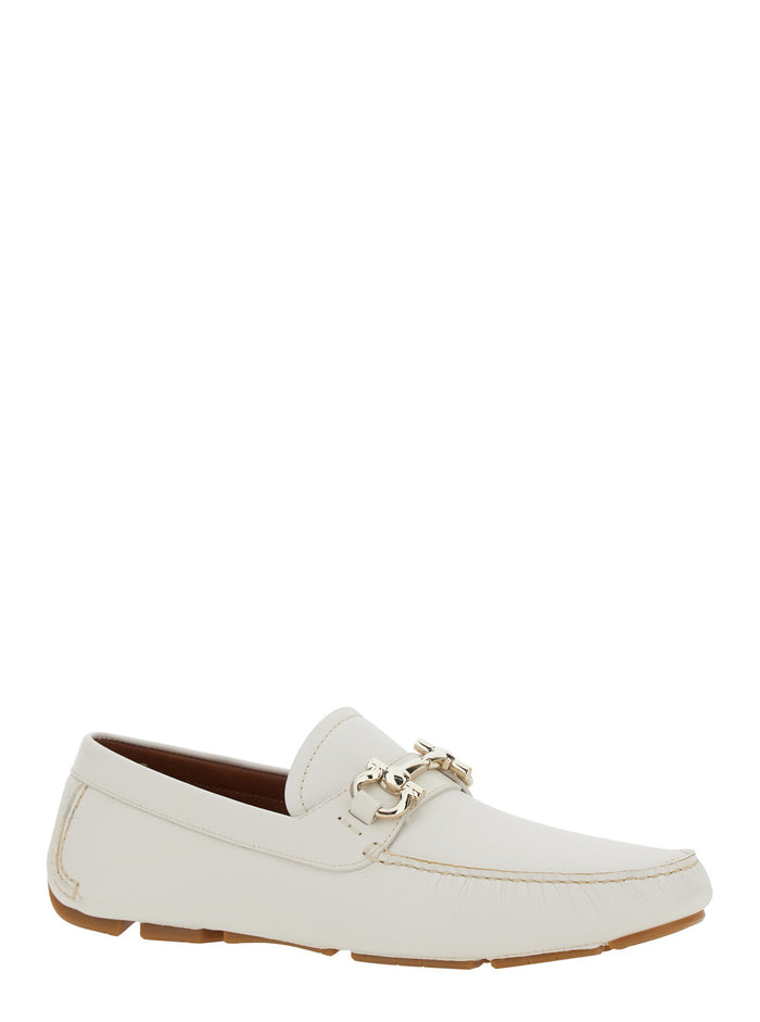 Parigi White Loafers With Gancini Plaque On The Front Soft Leather Man Calf