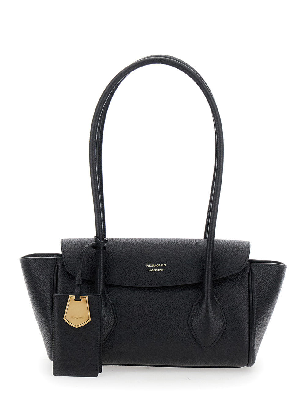 East-West S Black Shoulder Bag With Logo Detail Hammered Leather Woman