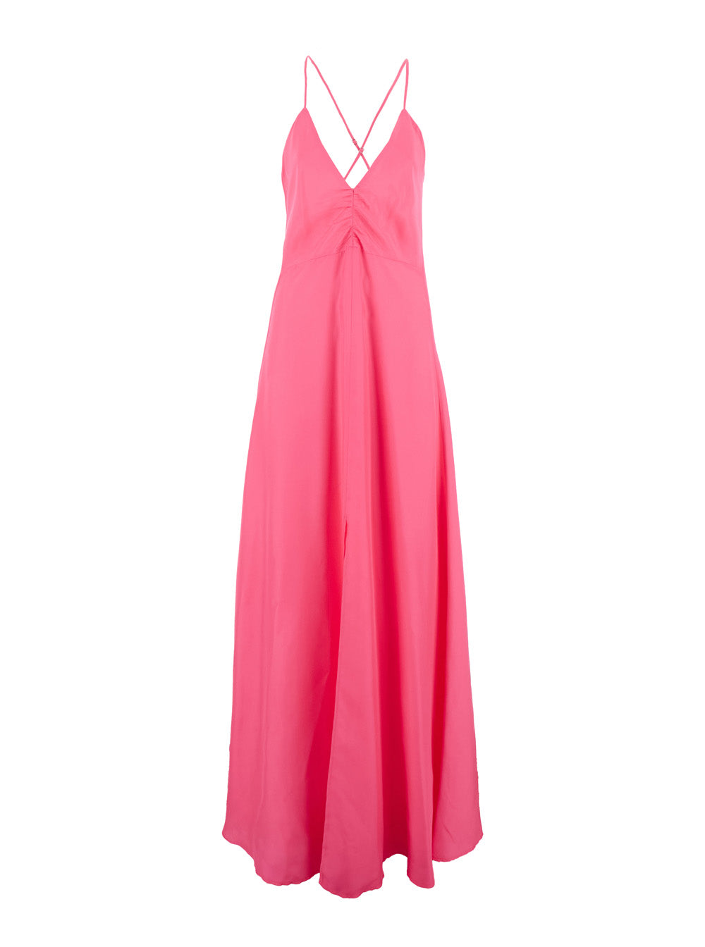 Fuchsia Sleeveless Long Dress With Criss-Crossed Spaghetti Straps And Rear Button Closure Tech Fabric Woman Fuxia