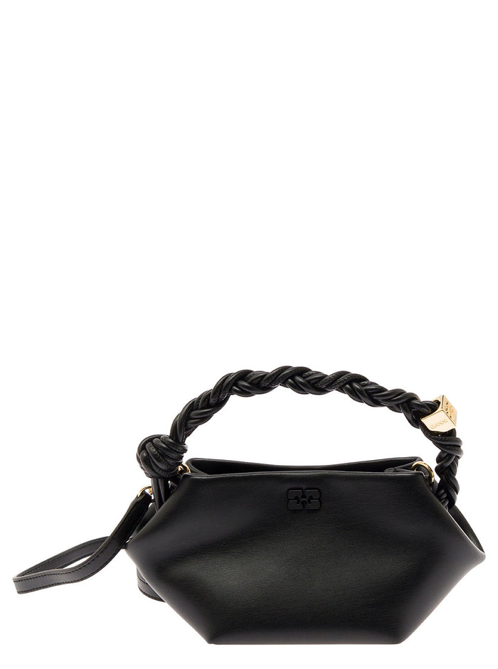 Ganni Bou Mini Black Handbag With Butterfly Logo And Hand-Braided Strands Leather Woman Recycled Pu Polyester Hand Bags