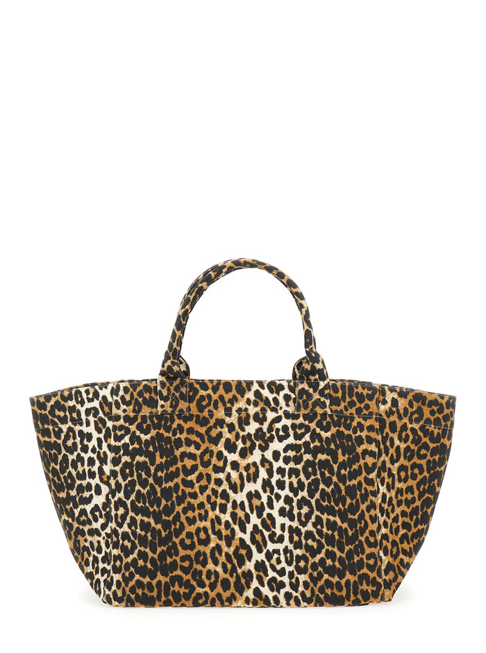 Xxl Brown Tote Bag With Logo Embroidery And Leopard Print Recycled Cotton Woman