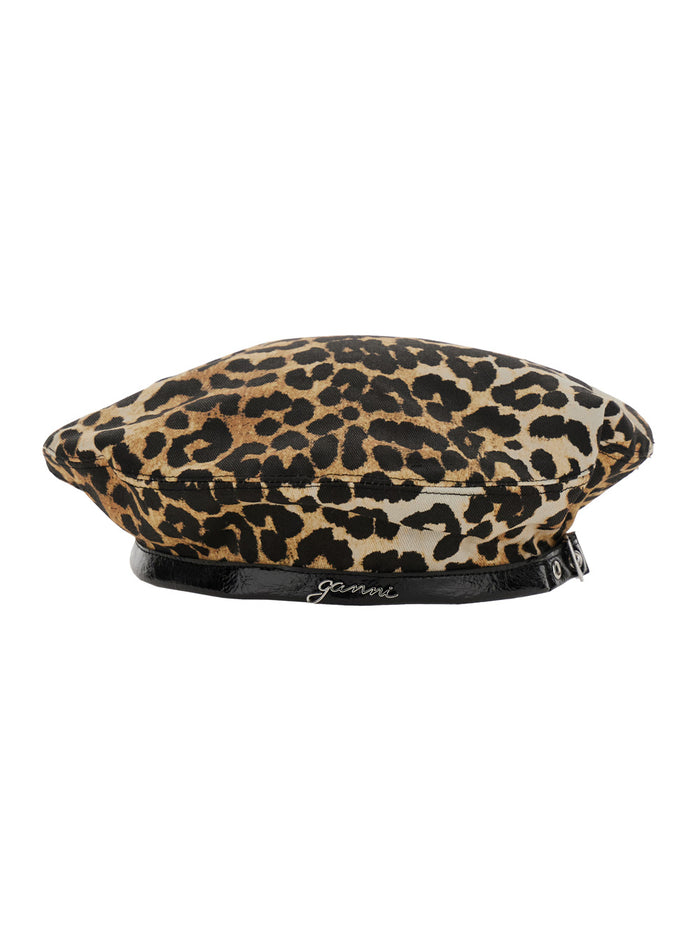 Multicolor Beret With Logo Lettering On The Side And All-Over Leopard Print Cotton Woman Organic Hats Gloves