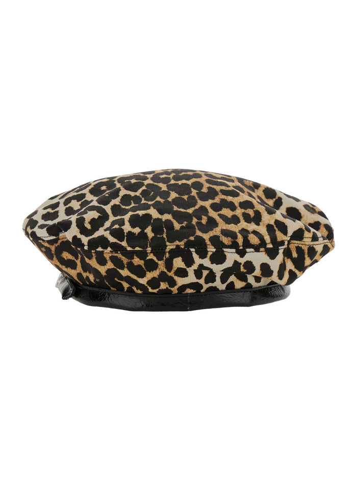 Multicolor Beret With Logo Lettering On The Side And All-Over Leopard Print Cotton Woman Organic Hats Gloves