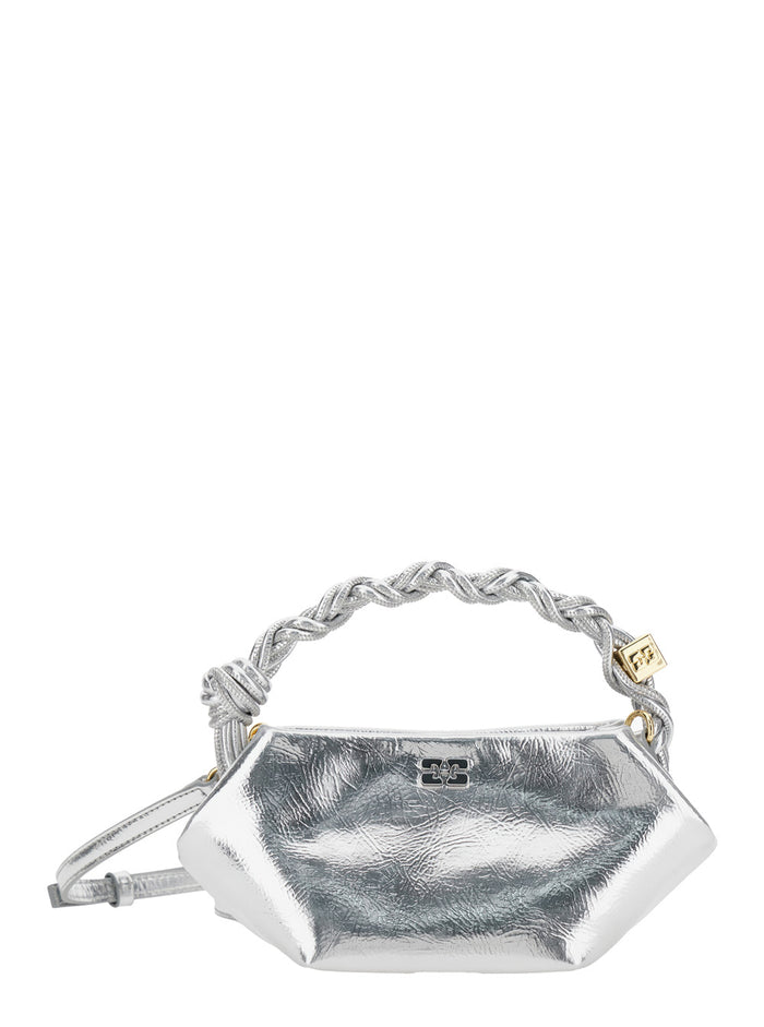 Ganni Bou Mini Silver-Colored Handbag With Butterfly Logo And Braided Handle Leather Woman Metallic Recycled Polyester Pu Hand Bags