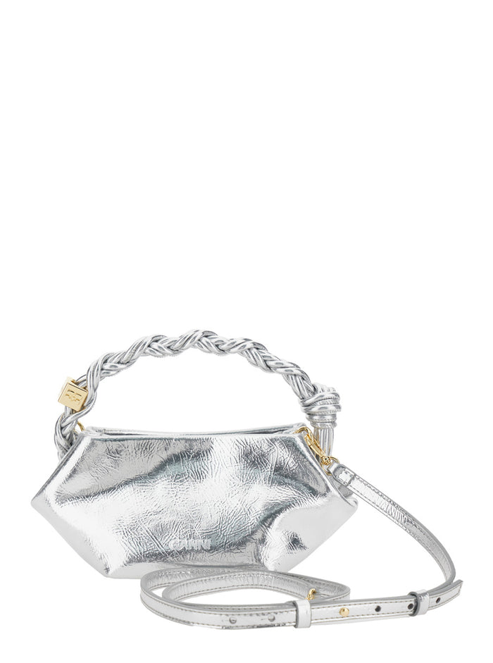 Ganni Bou Mini Silver-Colored Handbag With Butterfly Logo And Braided Handle Leather Woman Metallic Recycled Polyester Pu Hand Bags