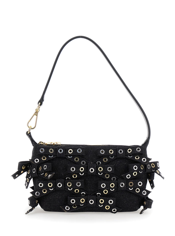 Butterfly Black Small Shoulder Bag With Eyel Detail And Bow Cotton Woman Recycled