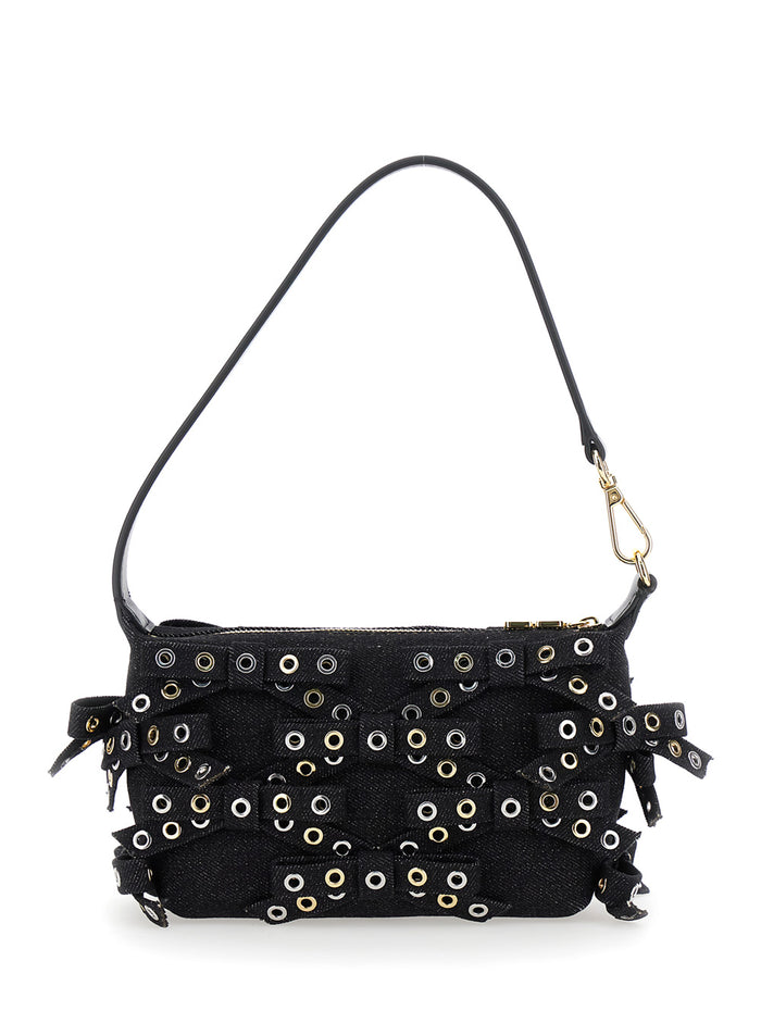 Butterfly Black Small Shoulder Bag With Eyel Detail And Bow Cotton Woman Recycled