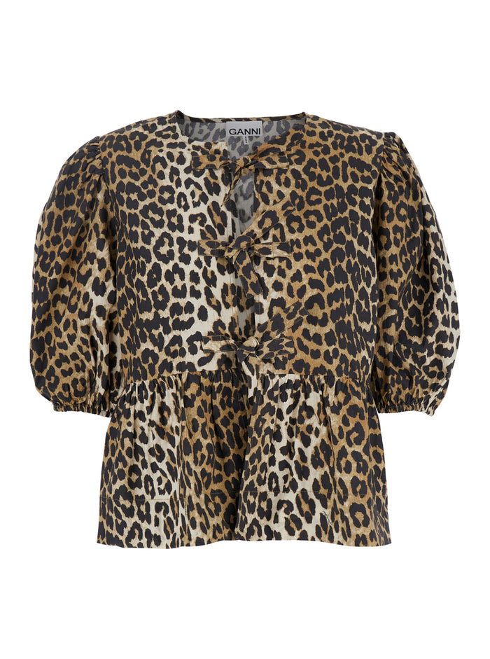 Multicolor Blouse With Front Tie Closure And All-Over Leopard Motif Cotton Woman Organic Shirts Blouses