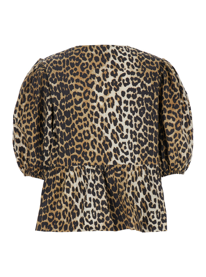 Multicolor Blouse With Front Tie Closure And All-Over Leopard Motif Cotton Woman Organic Shirts Blouses