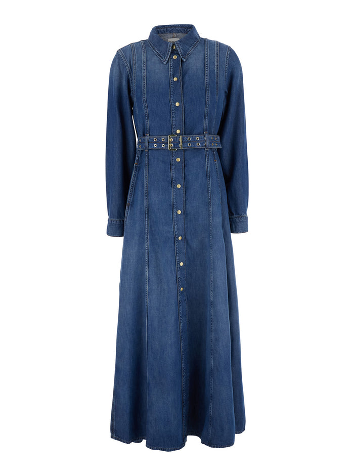 Blue Long Dress With Adjustable And Removable Waist Belt Cotton Blend Woman Blu Organic Elastan
