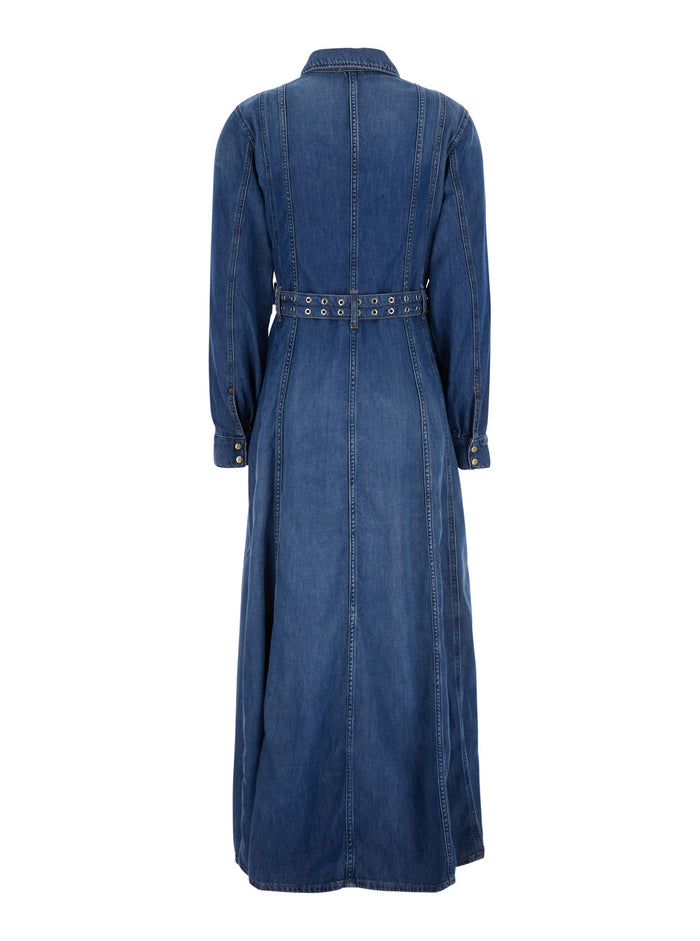 Blue Long Dress With Adjustable And Removable Waist Belt Cotton Blend Woman Blu Organic Elastan