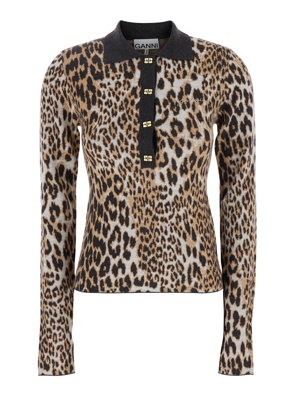 Multicolor Polo Shirt With Jewel Buttons And All-Over Leopard Print Cotton Woman Merino Wool Tshirts