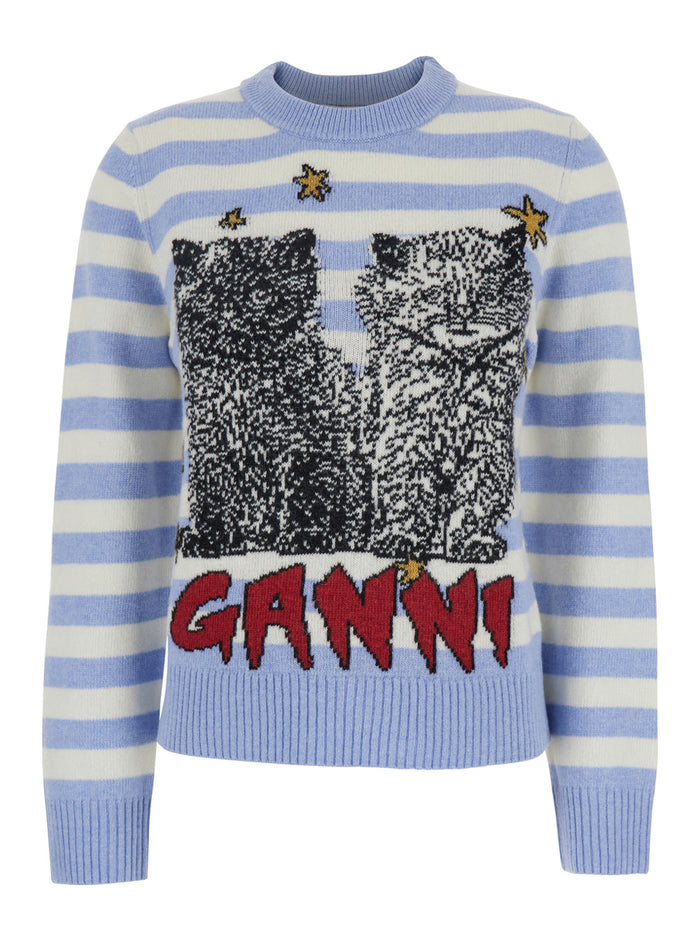Light Blue Crewneck With Maxi Logo Print On The Front And All-Over Striped Motif Wool Blend Woman Polyamid Jersey