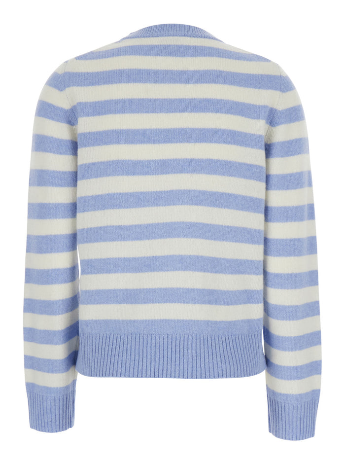 Light Blue Crewneck With Maxi Logo Print On The Front And All-Over Striped Motif Wool Blend Woman Polyamid Jersey