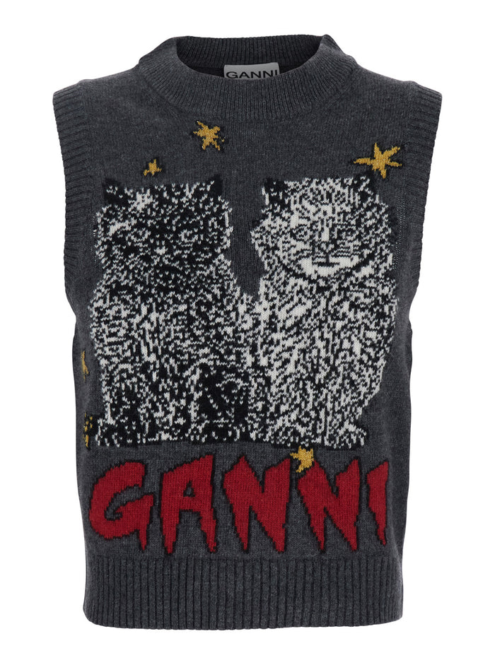 Grey Sleeveless Crewneck Vest With Maxi Logo Print On The Front Wool Blend Woman Polyamid Jersey