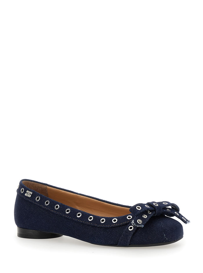Blue Ballet Flats With Eyelet Details Cotton Woman Blu Recycled Ballerinas