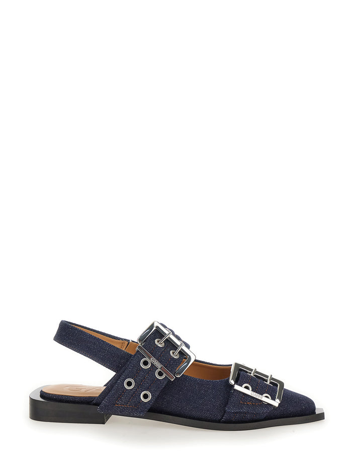 Blue Ballet Shoes With Double Buckle Denim Woman Blu Recycled Cotton Flat