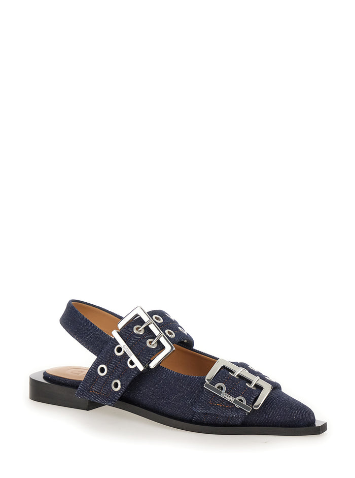 Blue Ballet Shoes With Double Buckle Denim Woman Blu Recycled Cotton Flat