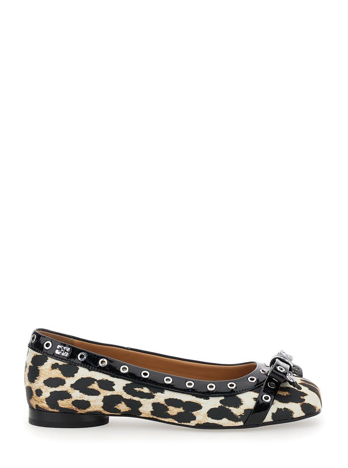 Multicolor Ballet Flats with Eyelets and All-Over Leopard Print in Satin Woman Recycled Polyester Ballerinas