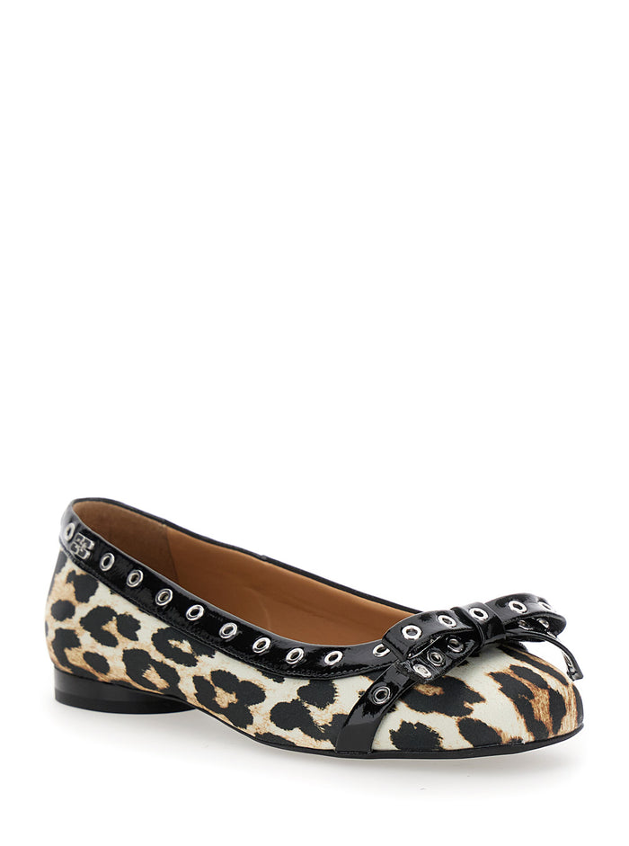 Multicolor Ballet Flats with Eyelets and All-Over Leopard Print in Satin Woman Recycled Polyester Ballerinas