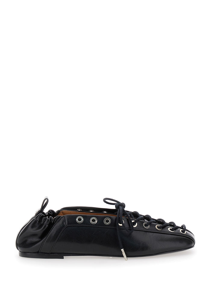 Black Lace-Up Ballerinas With Metal Eyelets And Elasticized Ankle Eco-Leather Woman