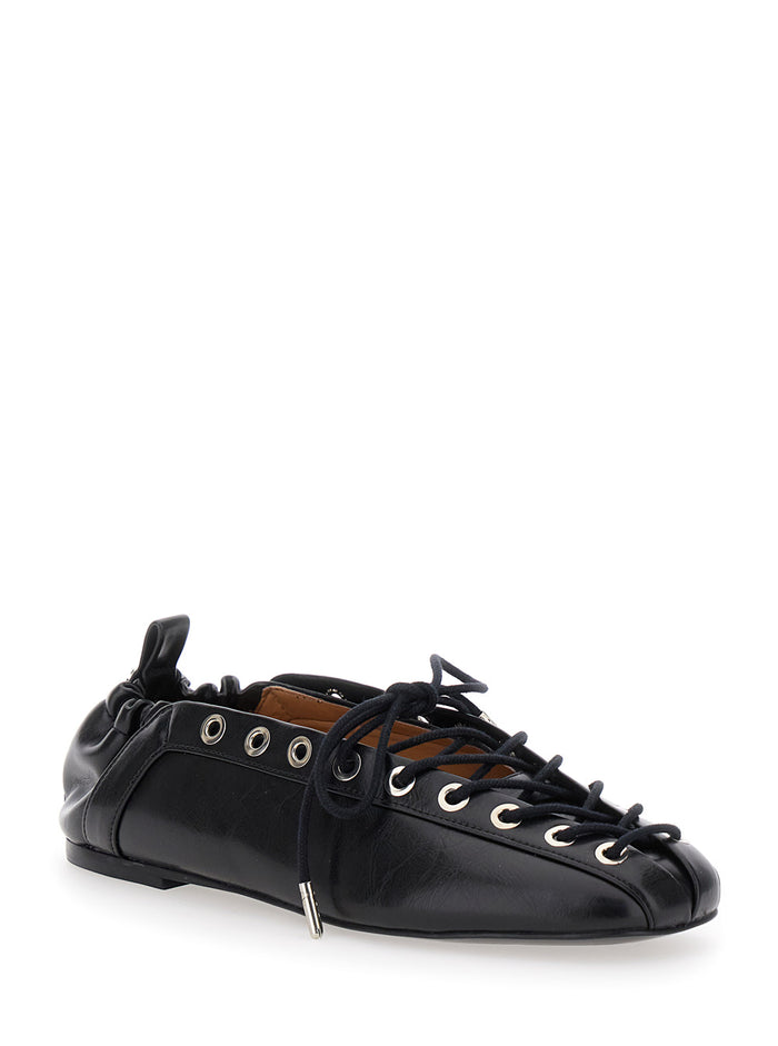 Black Lace-Up Ballerinas With Metal Eyelets And Elasticized Ankle Eco-Leather Woman