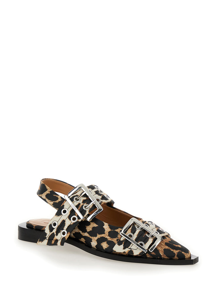 Multicolor Ballet Shoes with Double Buckle and All-Over Leopard Print in Tech Fabric Woman Recycled Polyester Flat