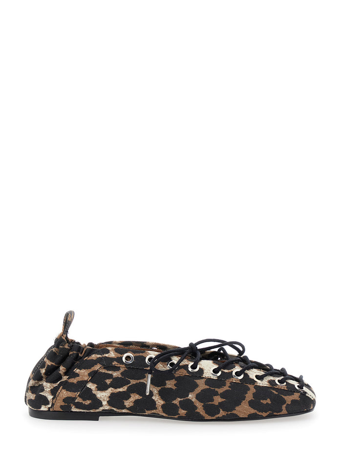 Brown Lace-Up Ballerinas With Metal Eyelets And All-Over Print Fabric Woman Organic Cotton Elastane
