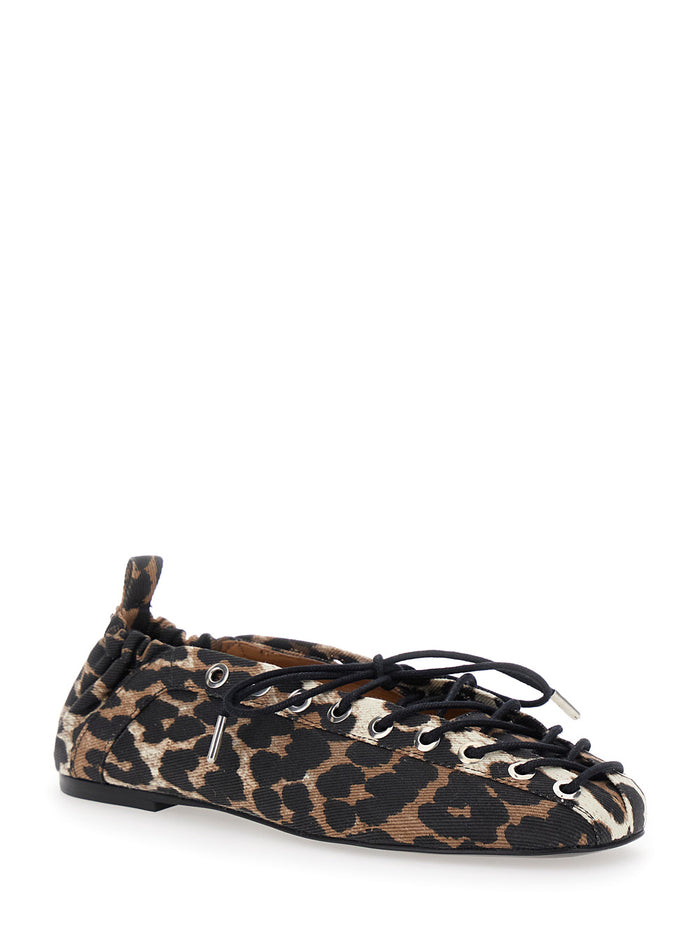 Brown Lace-Up Ballerinas With Metal Eyelets And All-Over Print Fabric Woman Organic Cotton Elastane
