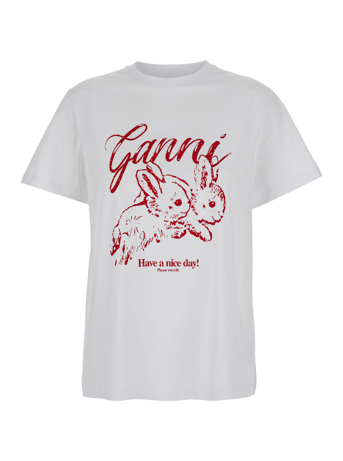 Bunnies White Crewneck T-Shirt With Maxi Print On The Front Cotton Woman Organic Tshirts And Polo Shirts