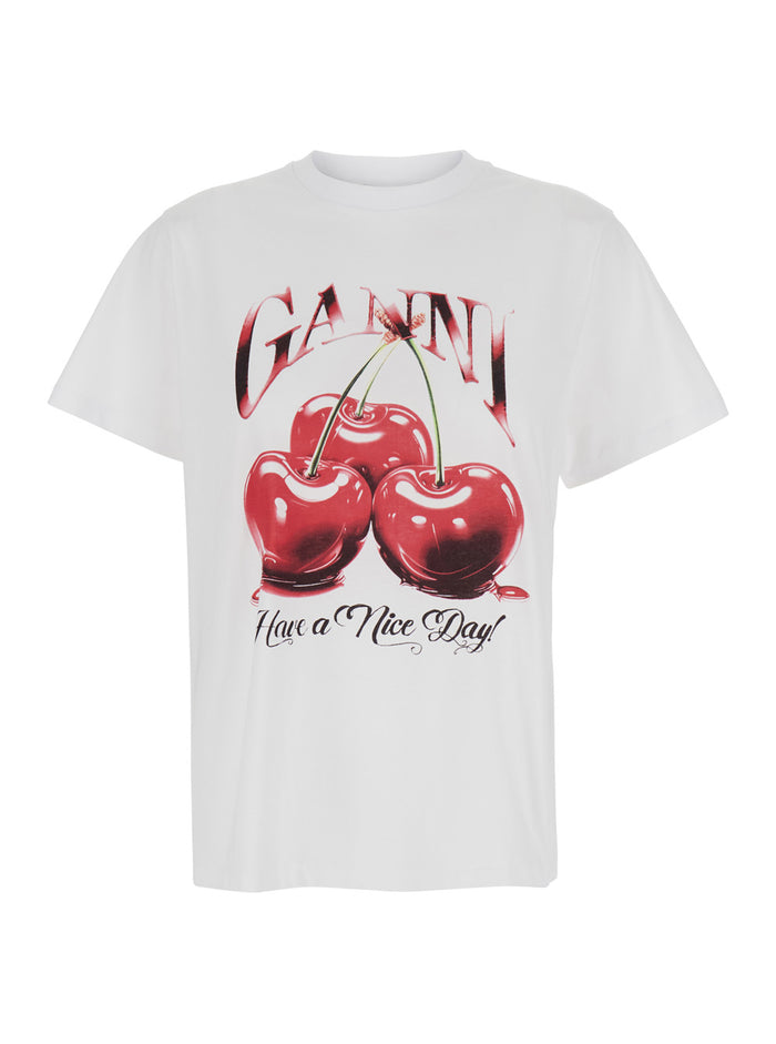 White T-Shirt With Cherry Print And Logo Lettering On The Front Cotton Woman Organic Tshirts Polo Shirts