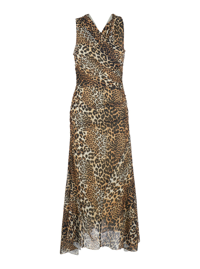 Brown Long Dress With All-Over Leopard Print And Asymmetric Hem Tech Fabric Woman Recycled Polyester