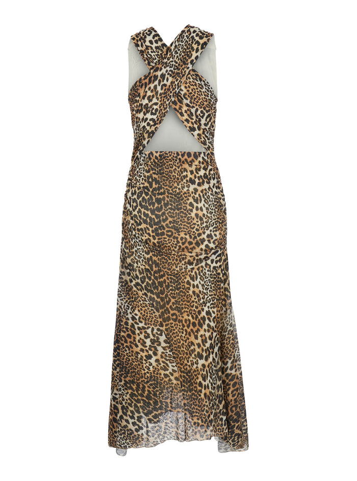 Brown Long Dress With All-Over Leopard Print And Asymmetric Hem Tech Fabric Woman Recycled Polyester