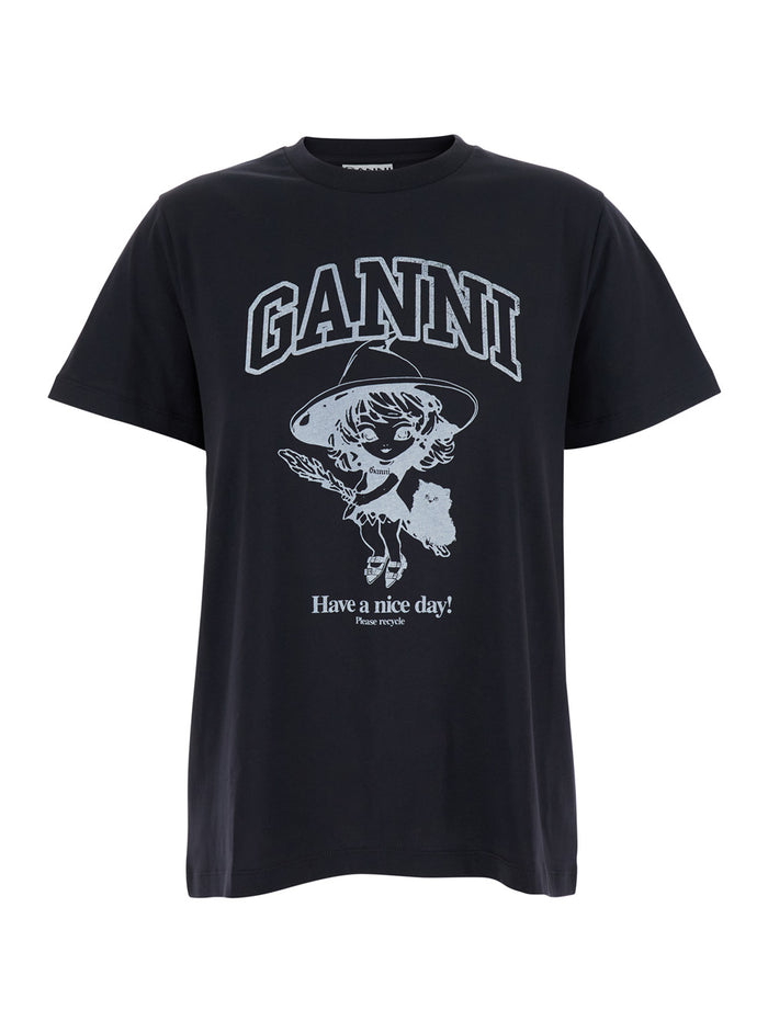 Black Crewneck T-Shirt With Maxi Logo Lettering On The Front And Print Rear Cotton Woman Blu Organic Tshirts Polo Shirts
