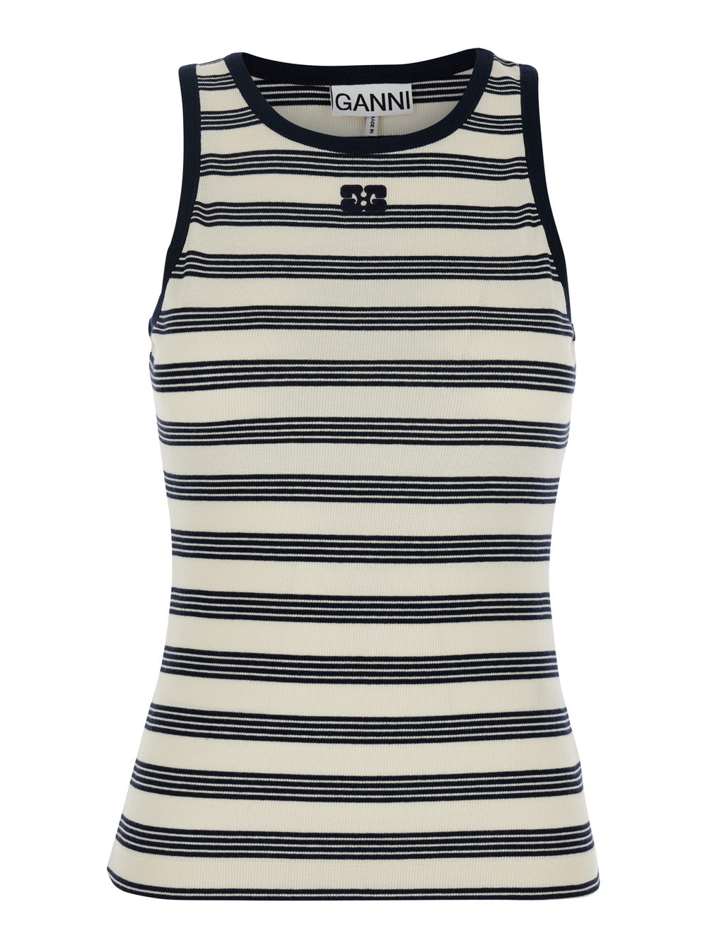 White And Black Top With Embroidered Logo On The Front All-Over Striped Motif Cotton Woman White/black Organic Elastane Tops