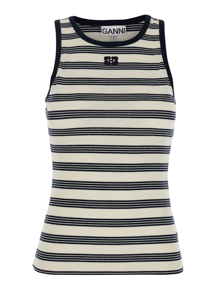 White And Black Top With Embroidered Logo On The Front All-Over Striped Motif Cotton Woman White/black Organic Elastane Tops