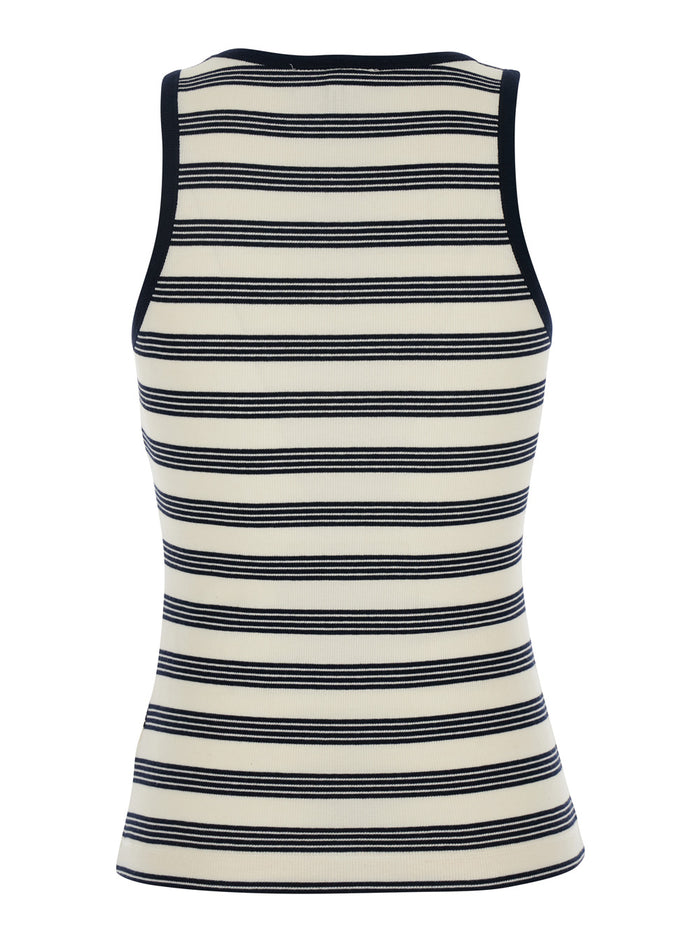 White And Black Top With Embroidered Logo On The Front All-Over Striped Motif Cotton Woman White/black Organic Elastane Tops