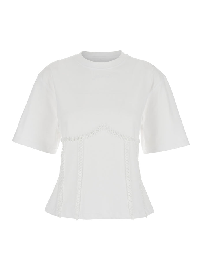 White Crewneck T-Shirt With Front Embellishments And Rear Bow Closure Cotton Woman Organic Tshirts Polo Shirts